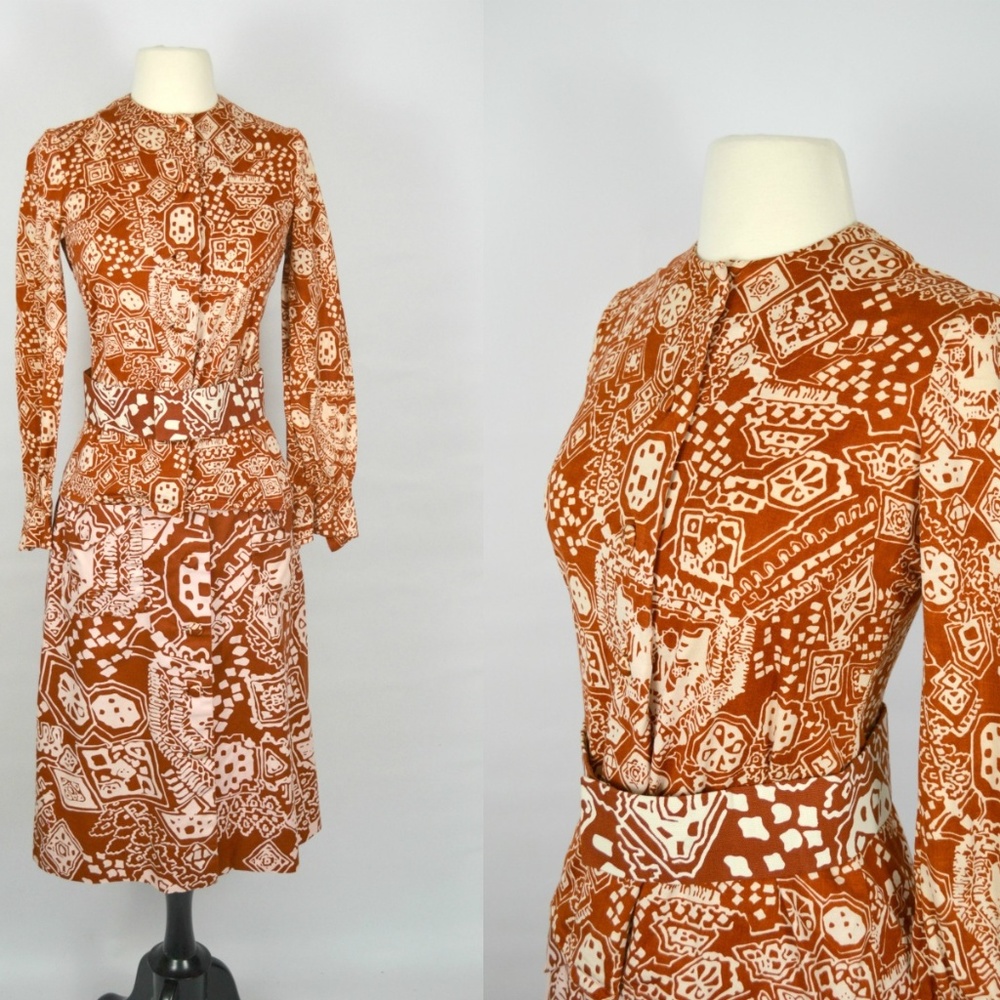 1960s Brown & White Abstract Print Blouse, Skirt